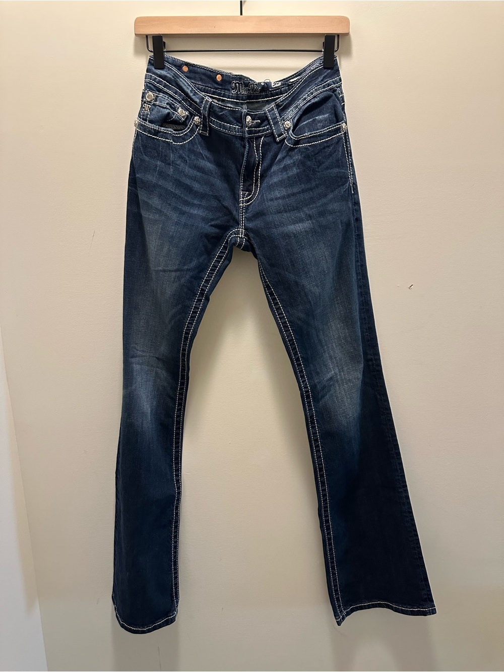 Miss Me Dark Blue Flared Jeans with Contrast Stitching